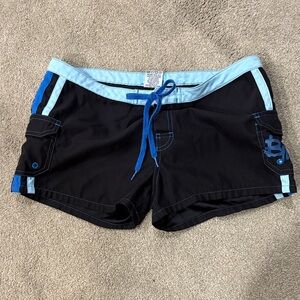 Billabong Light Black Board Shorts Light/Dark Blue Stripes Side Pockets Size 7